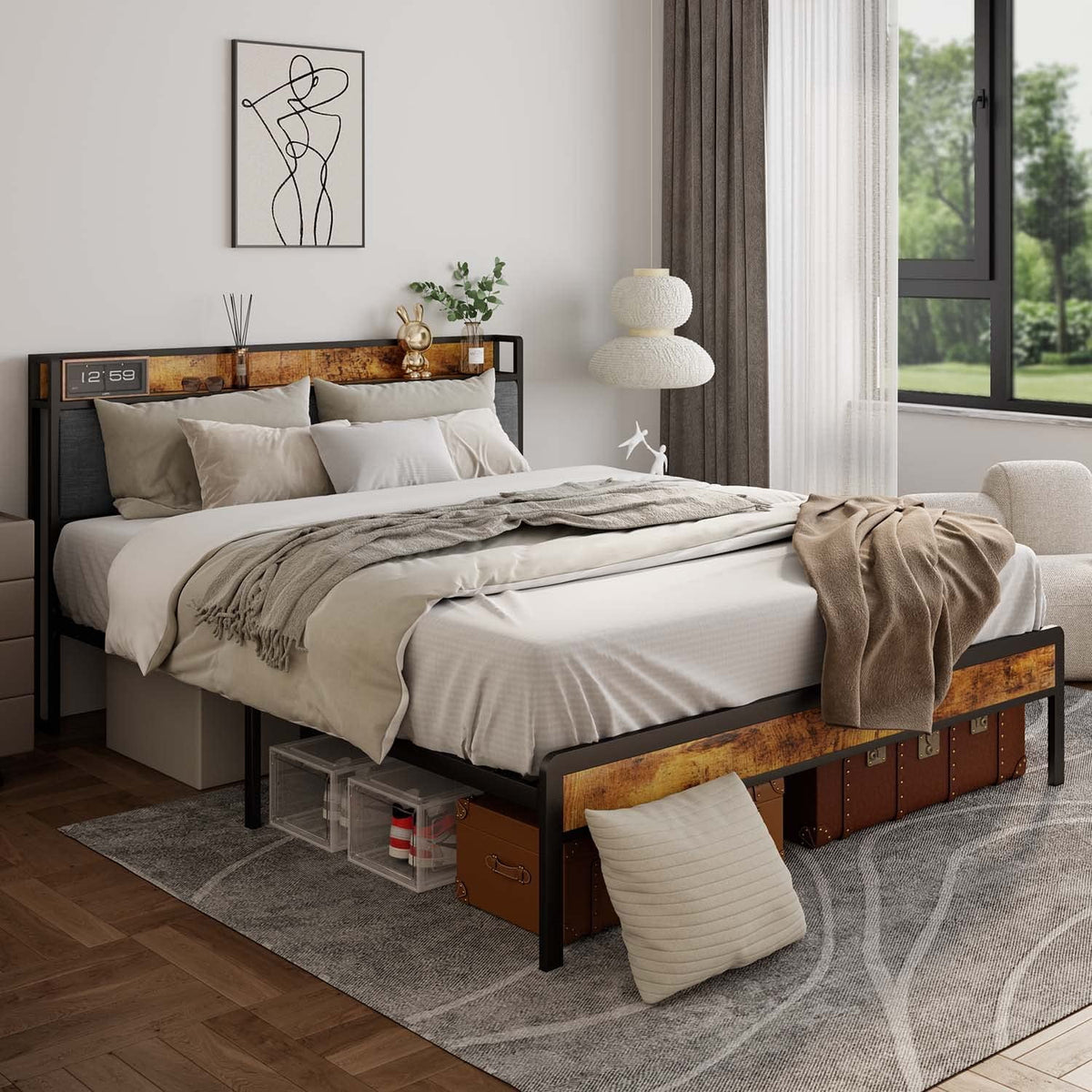 Full Size Bed Frame with Storage Headboard Dark Gray C498509